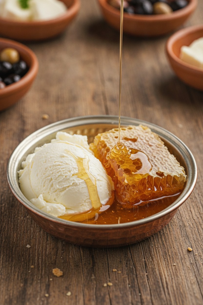 Bakır kâsede kaymak ve süzme çiçek balı